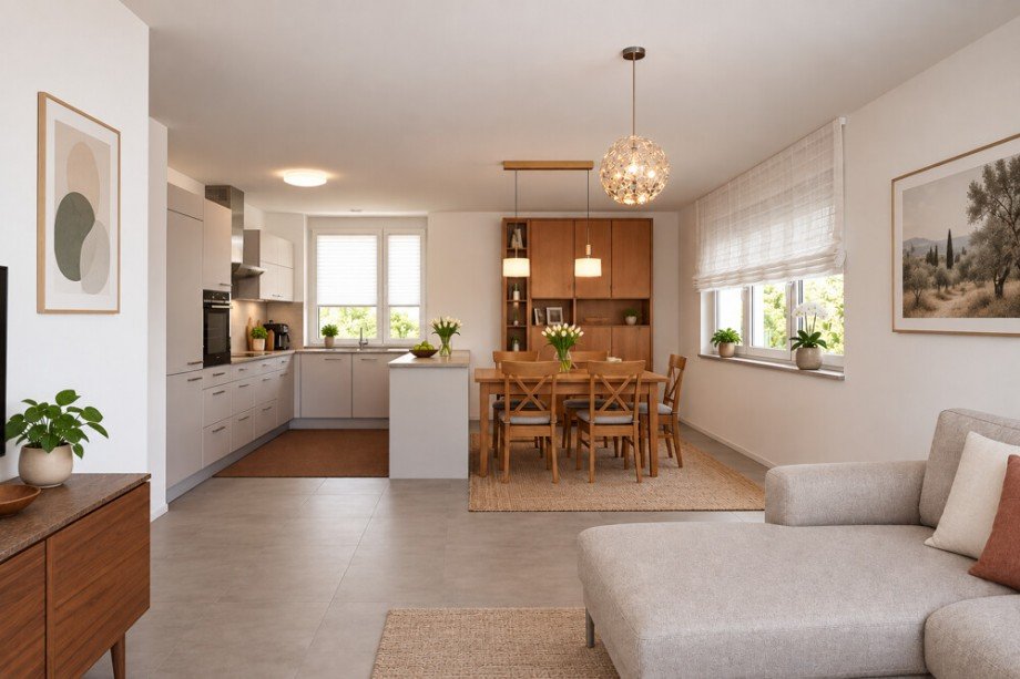 Blick vom Balkon zum K�chen- und Essbereich Etagenwohnung Besigheim