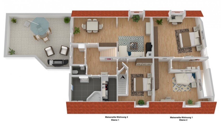 3D Grundriss OG Maisonette 1 & 3 Mehrfamilienhaus Ludwigsburg / Pflugfelden