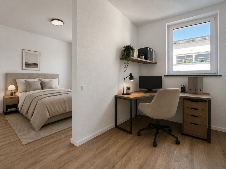 Schlafzimmer mit Ankleide und Homeofficebereich - virtuell m�blierte Darstellung Etagenwohnung Beilstein / Schmidhausen