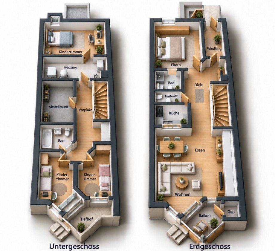 3D Grundriss Reihenmittelhaus Kornwestheim